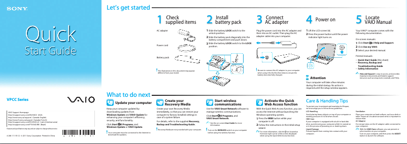 Page 1 de la notice Guide d'installation Sony Vaio VPCCB22