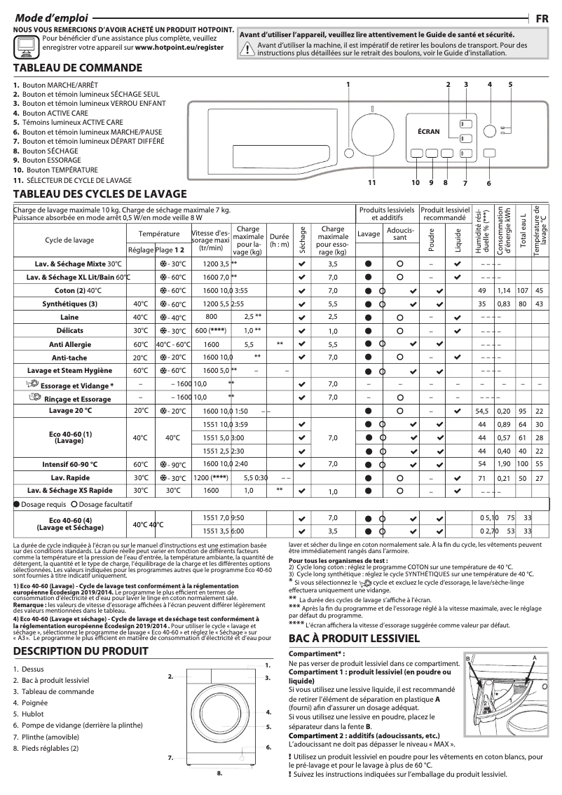 Page 1 de la notice Manuel utilisateur Hotpoint NDB 10725 WA FR