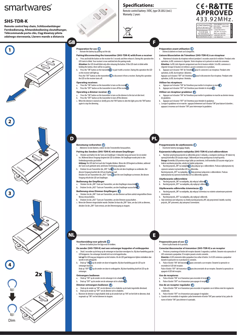Page 1 de la notice Manuel utilisateur Smartwares SH5-TDR-K