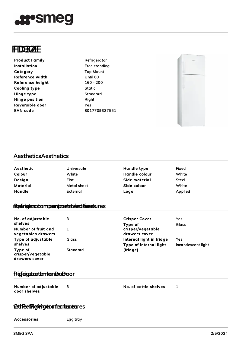 Page 1 de la notice Fiche technique Smeg FD32E