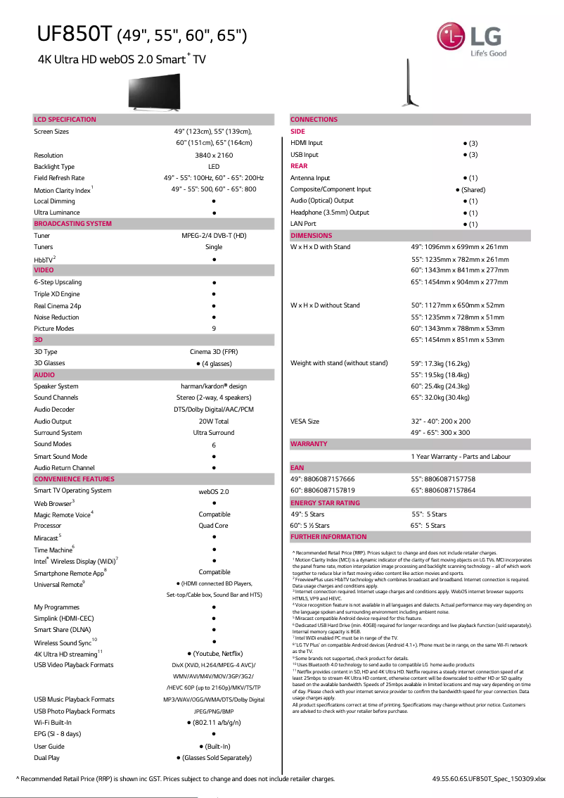 Image de la première page du manuel de l'appareil 60UF850T