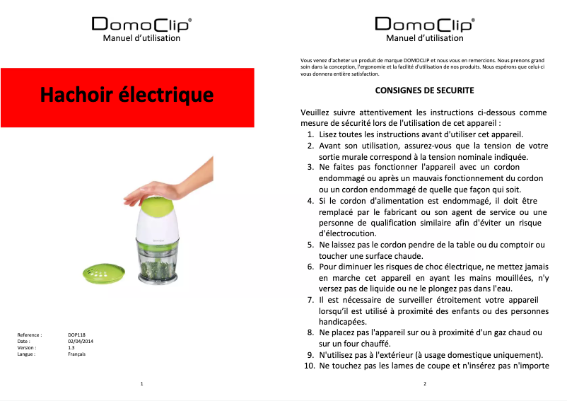 Page 1 de la notice Manuel utilisateur Domoclip DOP118