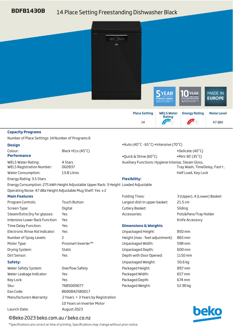 Page 1 de la notice Fiche technique Beko BDFB1430B