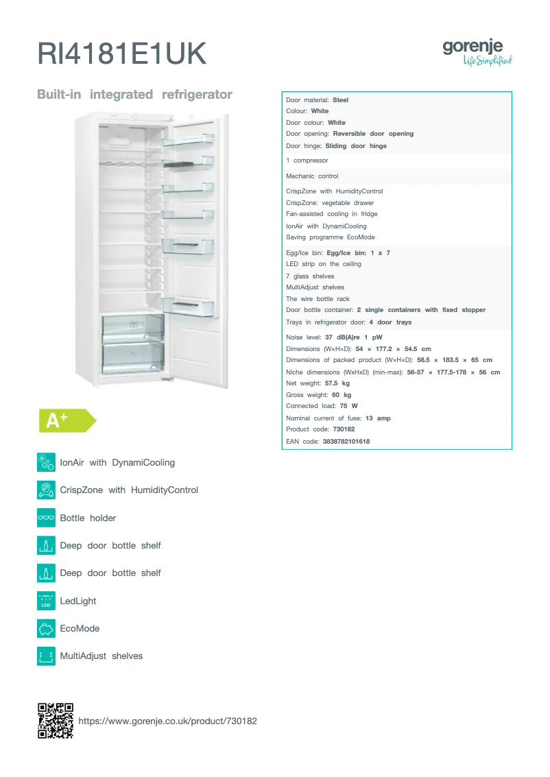 Page n°1 - Fiche technique Gorenje RI4181E1UK