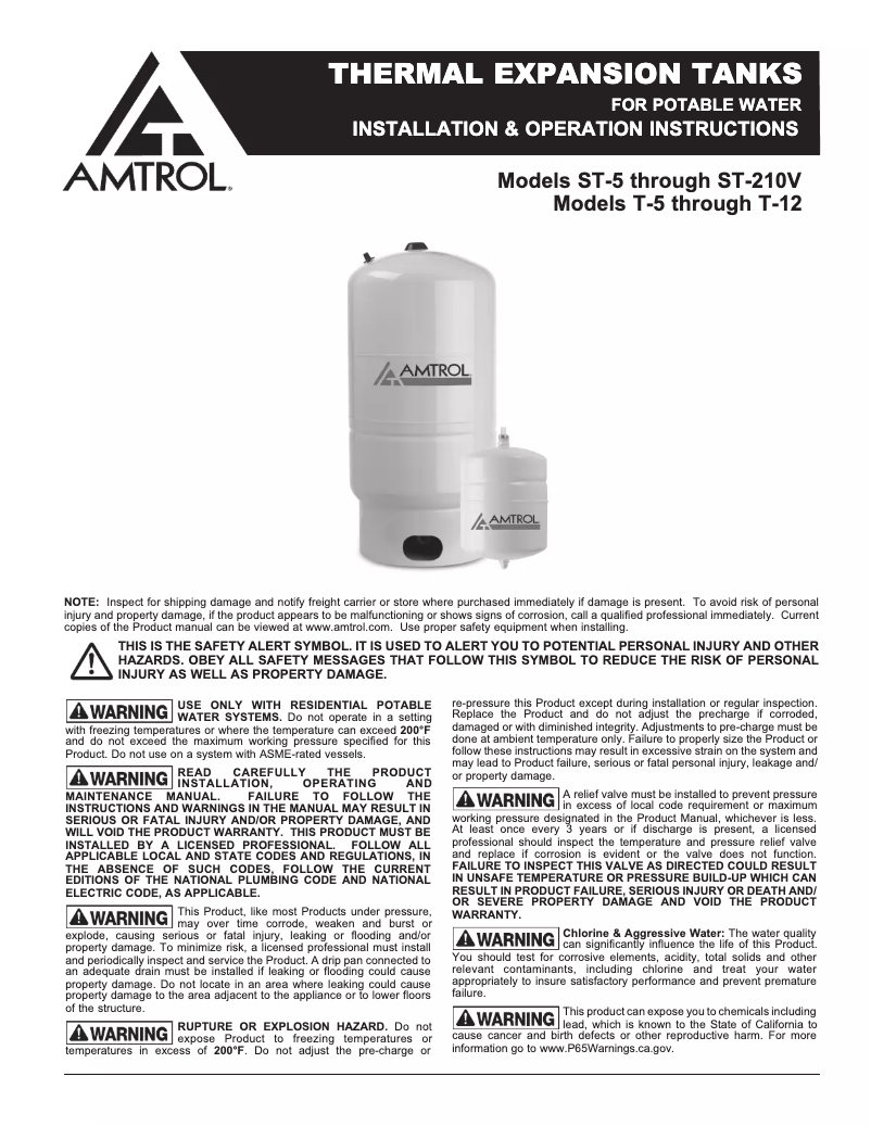 Page n°1 - Manuel utilisateur Amtrol Therm-X-Span T-5