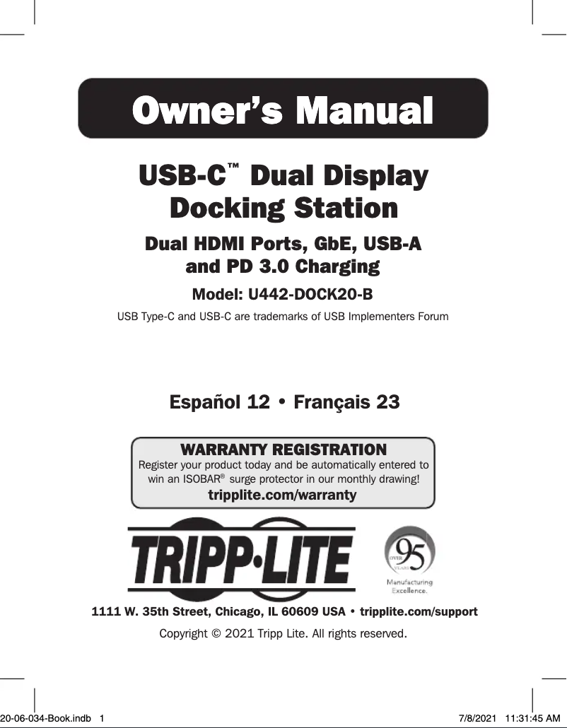 Page n°1 - Manuel utilisateur Tripp Lite U442-DOCK20-B