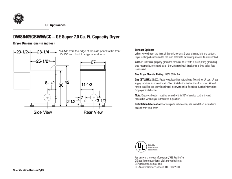 Page n°1 - Fiche technique GE DWSR405GBWW