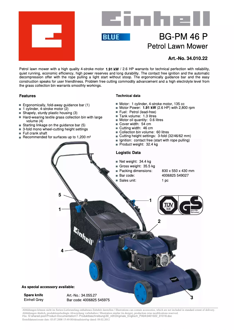 Page n°1 - Fiche technique Einhell BG-PM 46 P