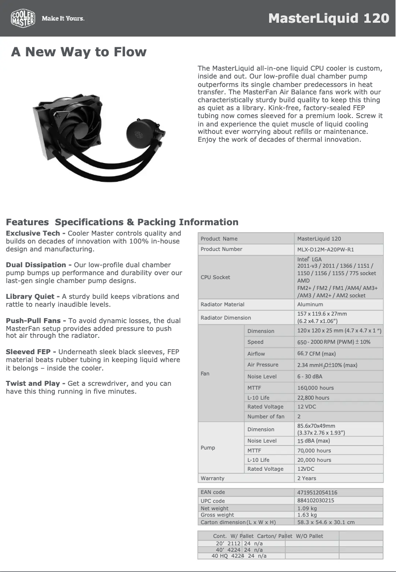 Page n°1 - Fiche technique Cooler Master MasterLiquid 120