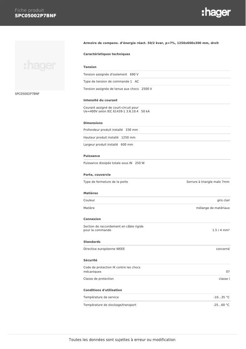 Page n°1 - Fiche technique Hager SPC05002P7BNF