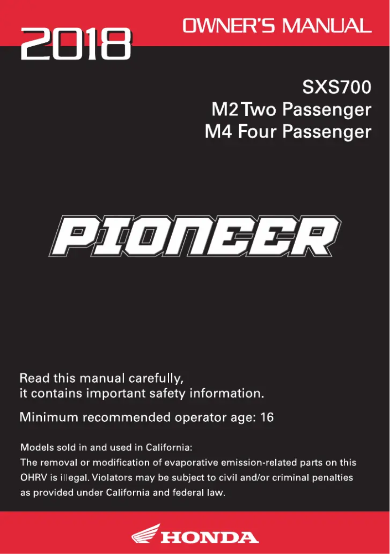 Page 1 de la notice Manuel utilisateur Honda Pioneer SXS700 (2018)