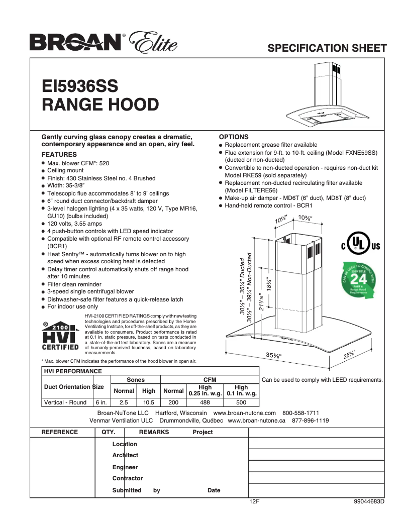 Page n°1 - Fiche technique Broan Elite EI59