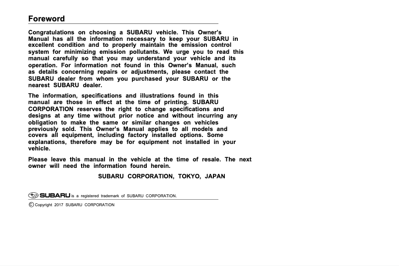 Page 1 de la notice Manuel utilisateur Subaru Crosstrek (2018)