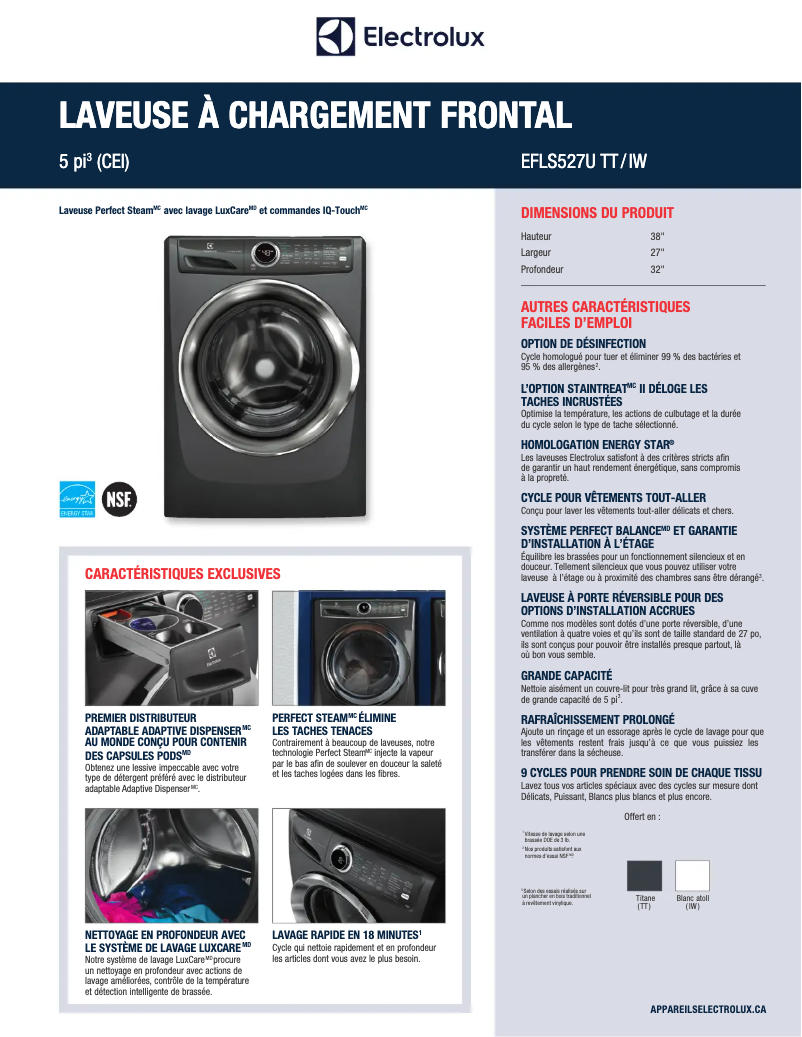 Page 1 de la notice Fiche technique Electrolux EFLS527UTT