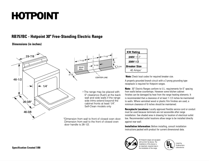 Page 1 de la notice Fiche technique Hotpoint RB757BCCT