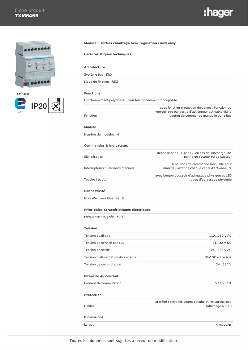 Page n°1 - Fiche technique Hager TXM646R