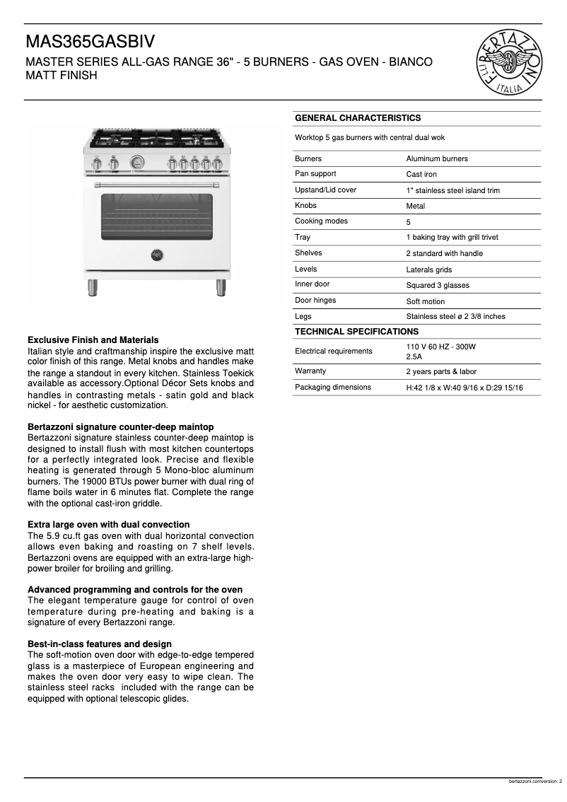 Page 1 de la notice Fiche technique Bertazzoni MAS365GASBIV
