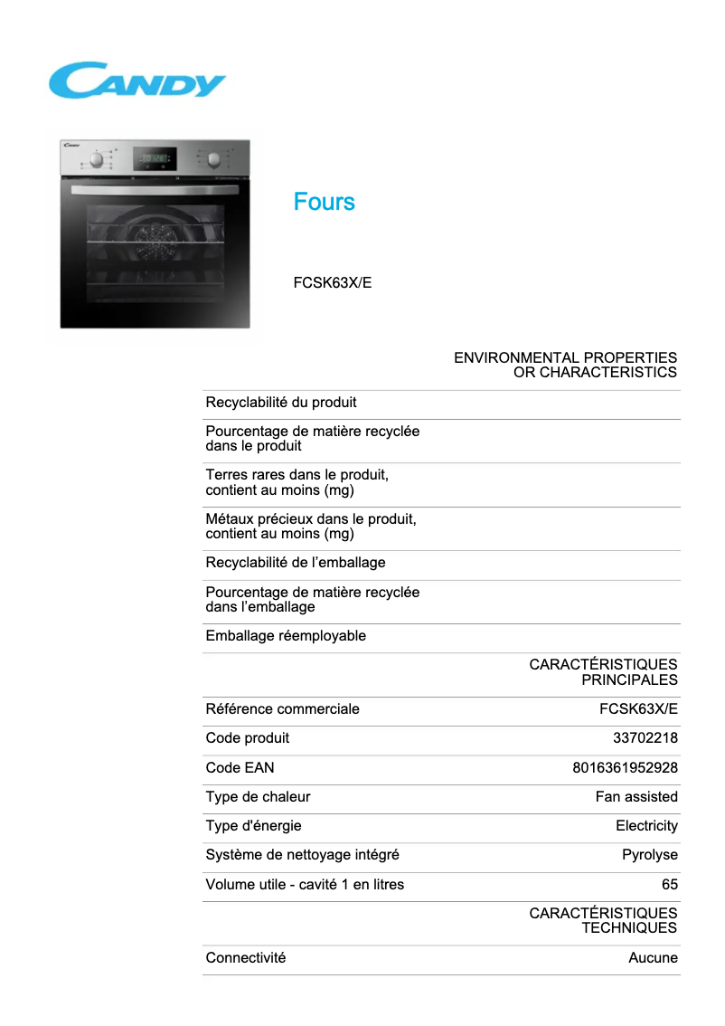Page 1 de la notice Fiche technique Candy FCSK63X/E