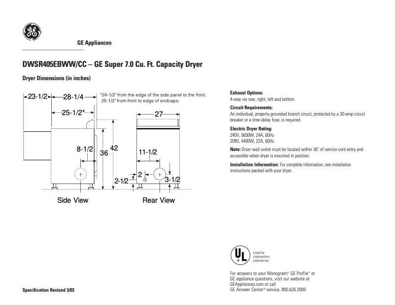 Page n°1 - Fiche technique GE DWSR405EBWW