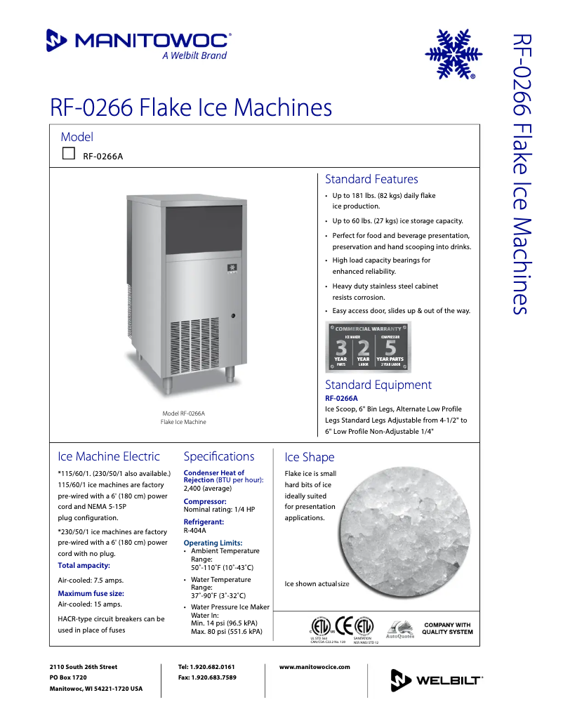 Page 1 de la notice Fiche technique Manitowoc RF-0266A