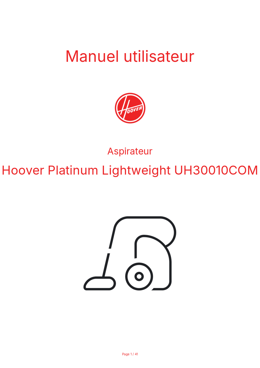Page n°1 - Manuel utilisateur Hoover Platinum Lightweight UH30010COM