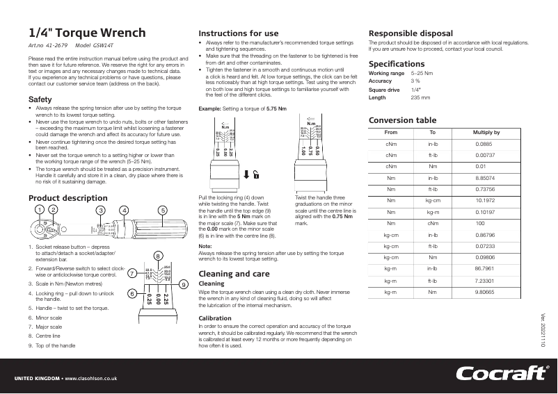 Page n°1 - Manuel utilisateur Cocraft GSW14T