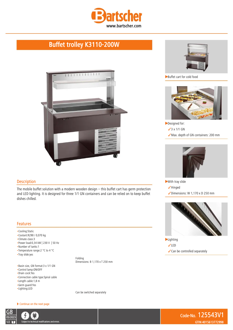 Page 1 de la notice Fiche technique Bartscher K3110-200W