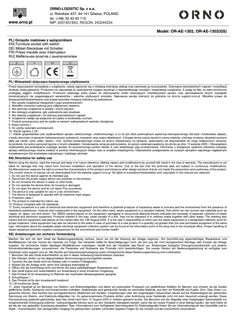 Image de la première page du manuel de l'appareil OR-AE-1302