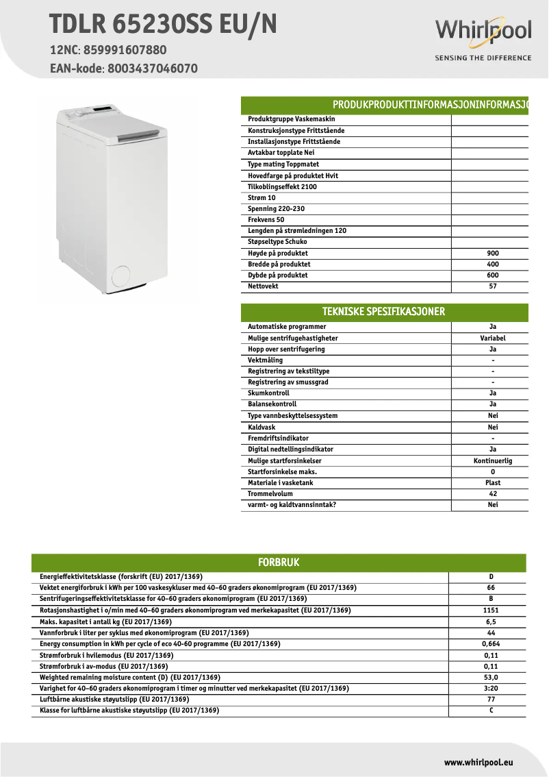 Page 1 de la notice Fiche technique Whirlpool TDLR 65230SS EU/N