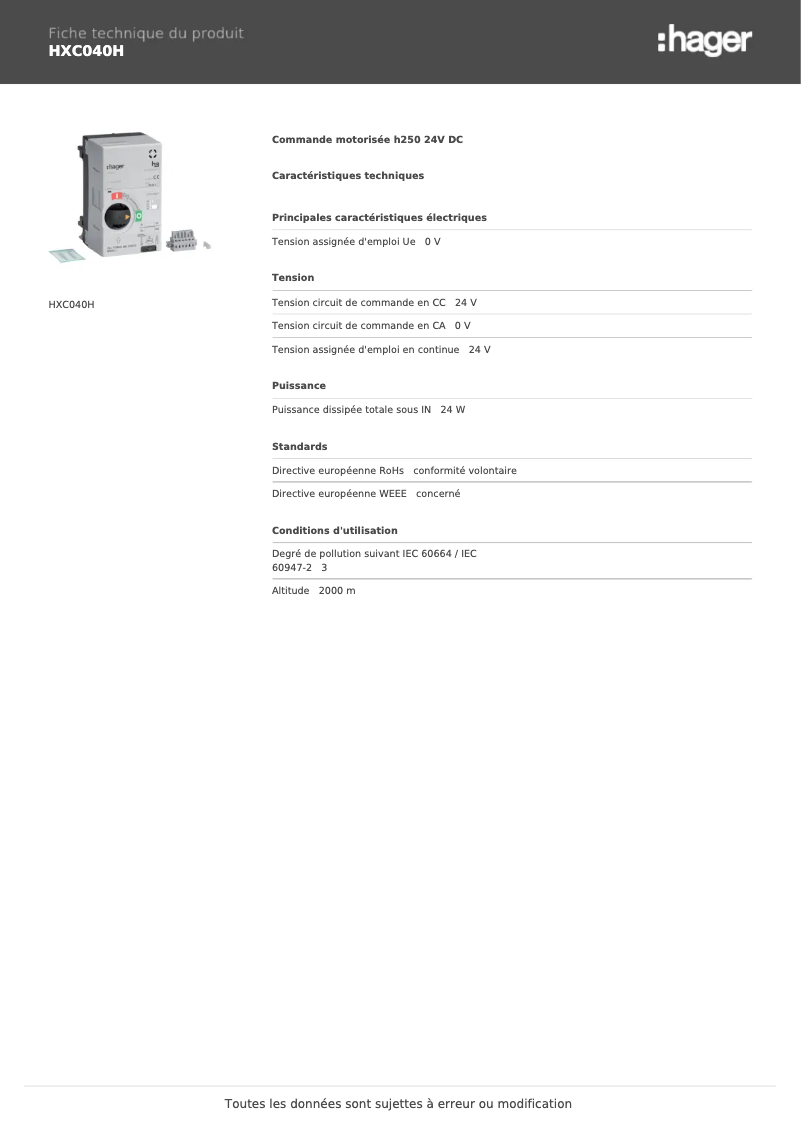 Página 1 del manual Ficha técnica Hager HXC040H