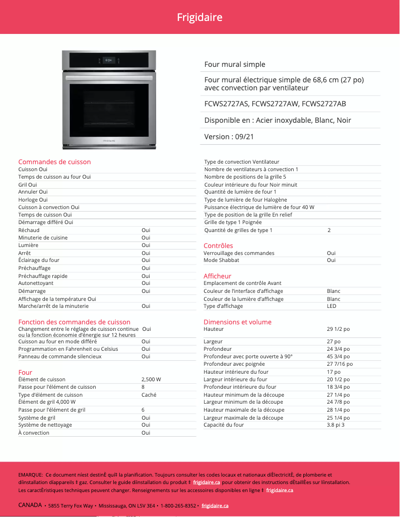Page n°1 - Fiche technique Frigidaire FCWS2727AS