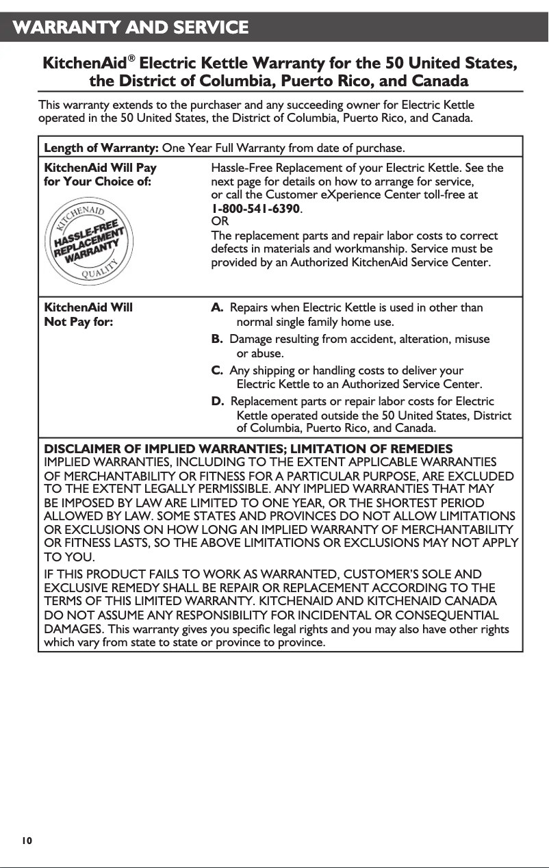 Page 1 de la notice Informations de garantie KitchenAid KEK1222SX