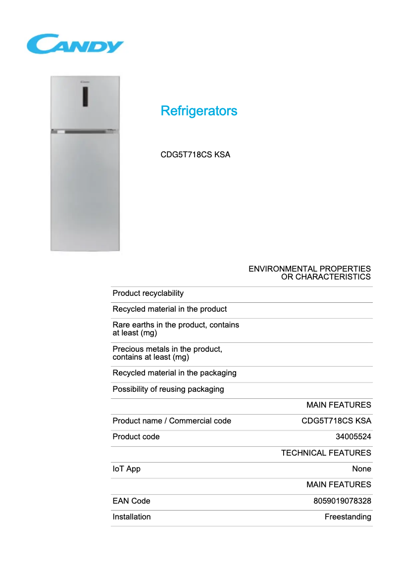 Page n°1 - Fiche technique Candy CDG5T718CS KSA