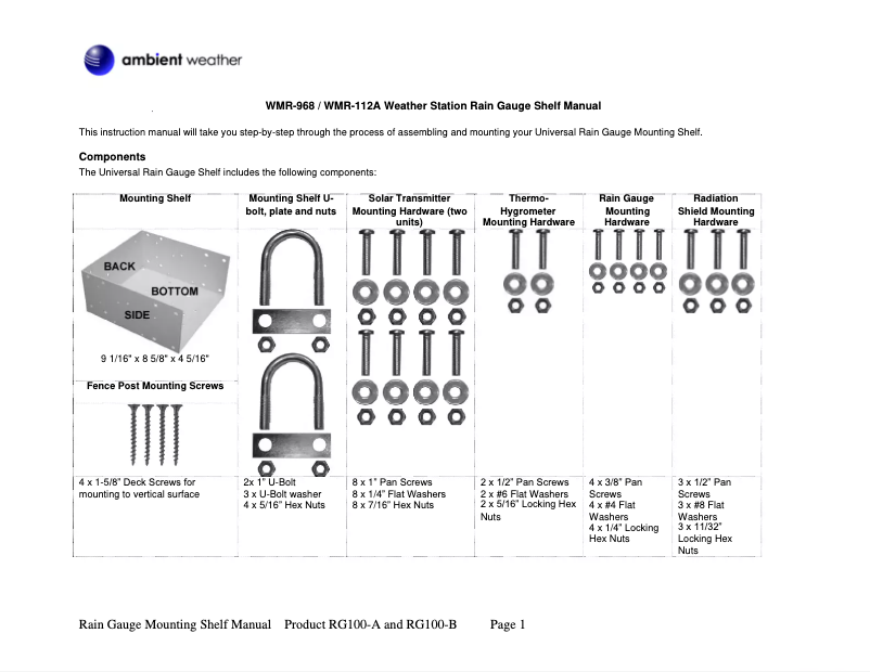 Page n°1 - Manuel utilisateur Ambient Weather RG100-B