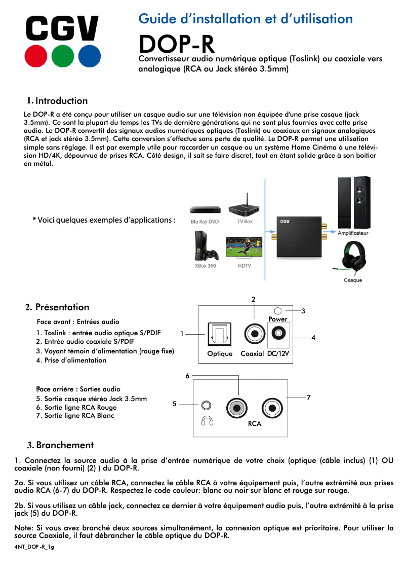 Page n°1 - Manuel utilisateur CGV DOP-R