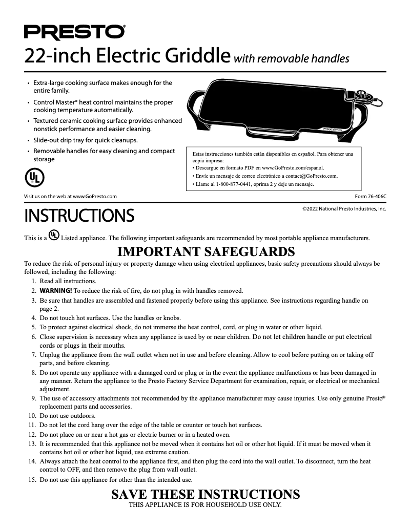 Page n°1 - Manuel utilisateur Presto 22-inch Electric Griddle 07062