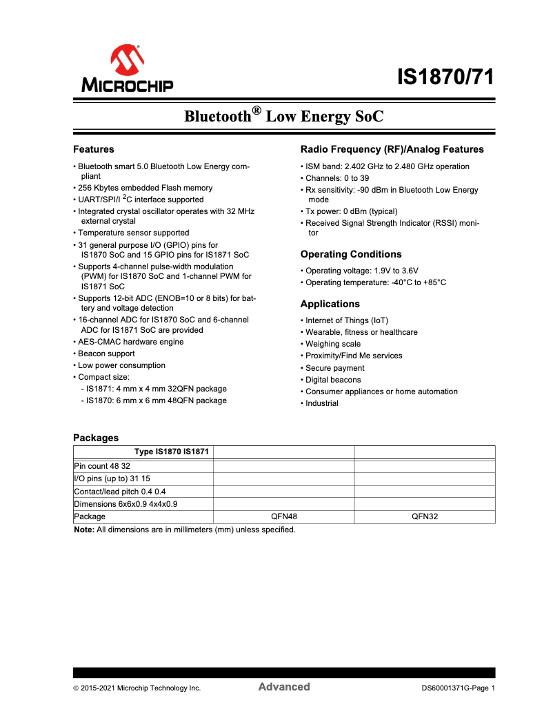 Page 1 de la notice Fiche technique Microchip IS1870
