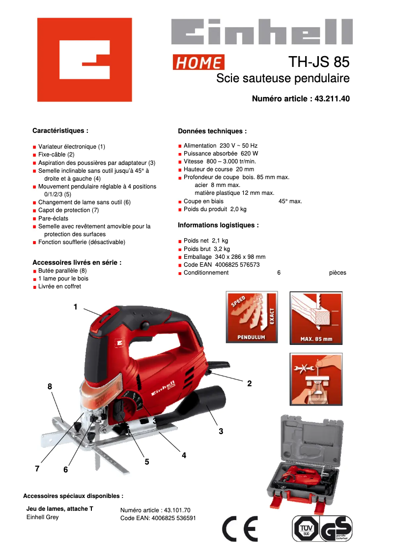 Page n°1 - Fiche technique Einhell TC-JS 85