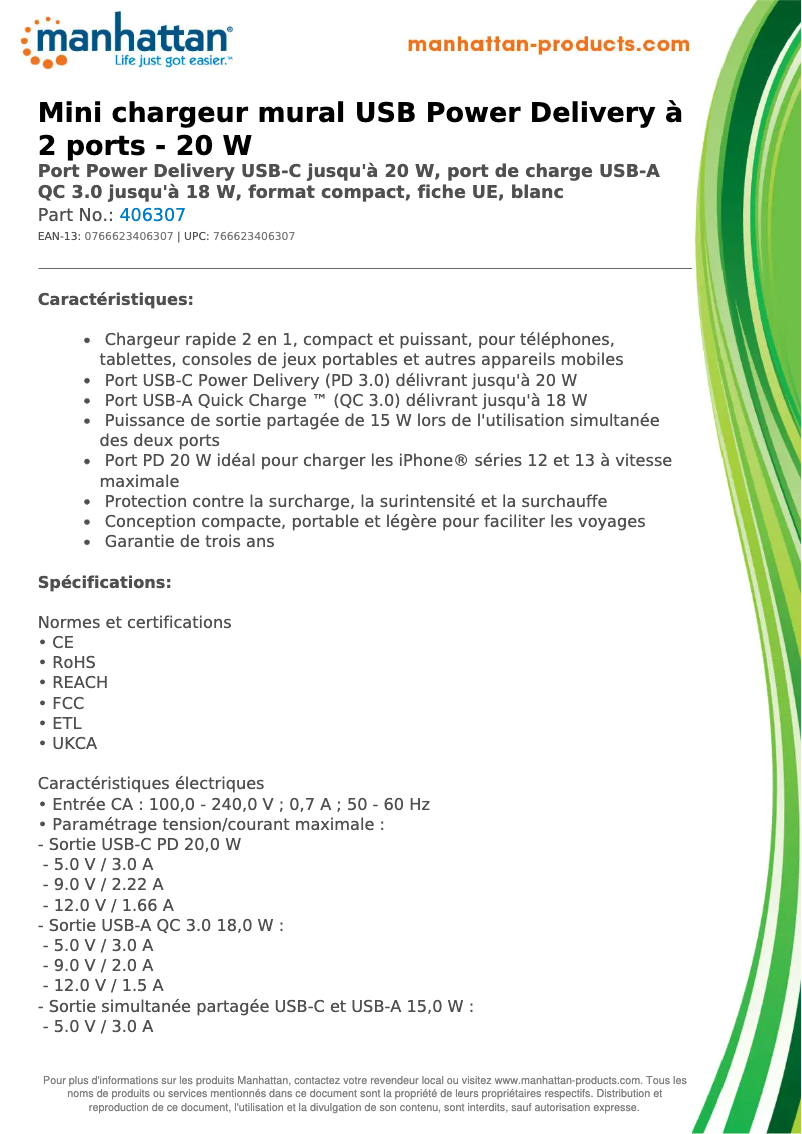 Page 1 de la notice Fiche technique Manhattan 406307