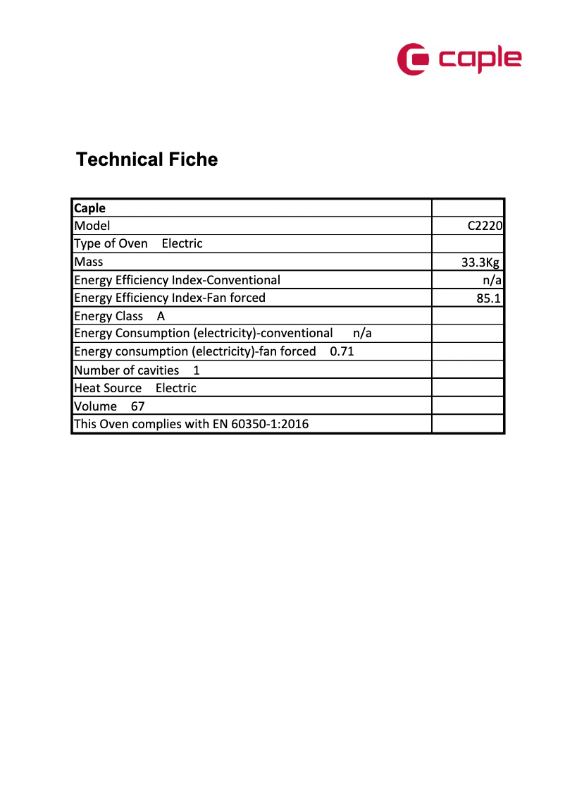 Page 1 de la notice Fiche technique Caple C2220