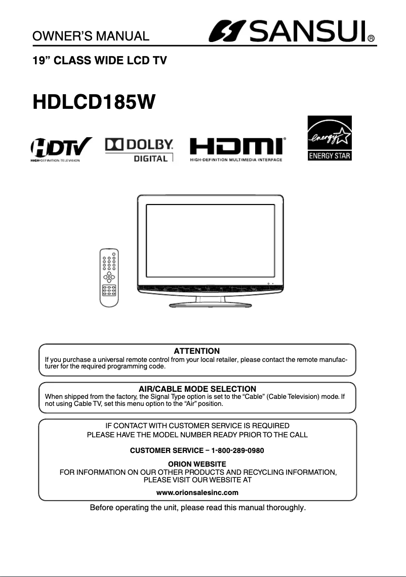 Image de la première page du manuel de l'appareil HDLCD185W