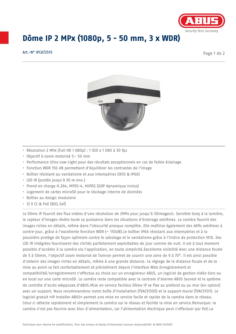 Page n°1 - Fiche technique Abus IPCA72515