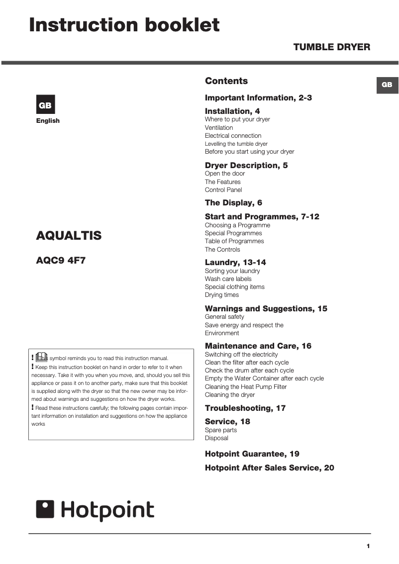 Page 1 de la notice Manuel utilisateur Hotpoint AQC94F7E1M