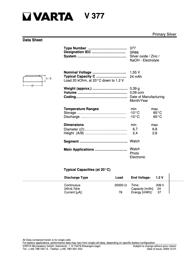 Imagen de la primera página del manual del dispositivo Primary Silver Button V377 / SR 66
