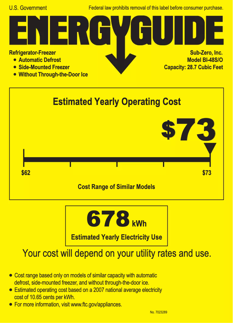 Page 1 de la notice Label énergétique Sub-Zero BI-48S/S/PH