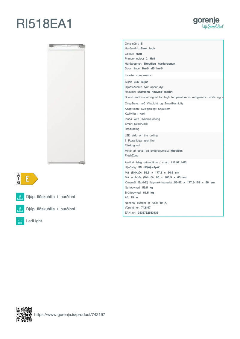 Página 1 del manual Ficha técnica Gorenje RI518EA1