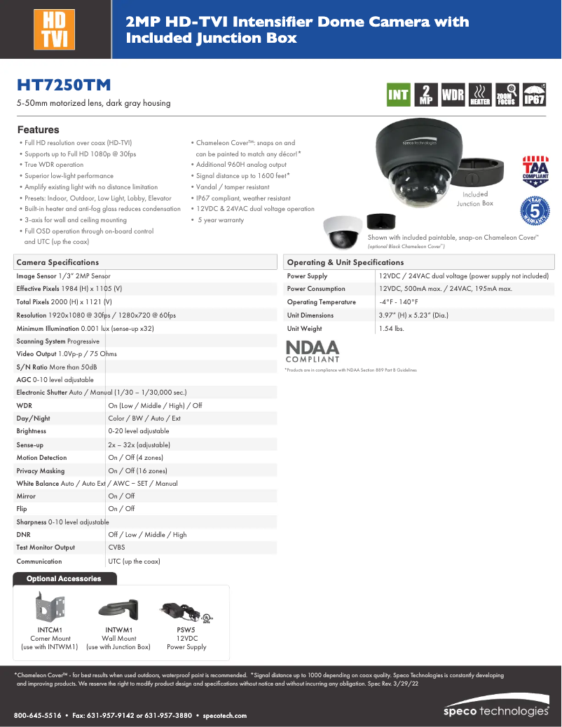 Page 1 de la notice Fiche technique Speco Technologies HT7250TM