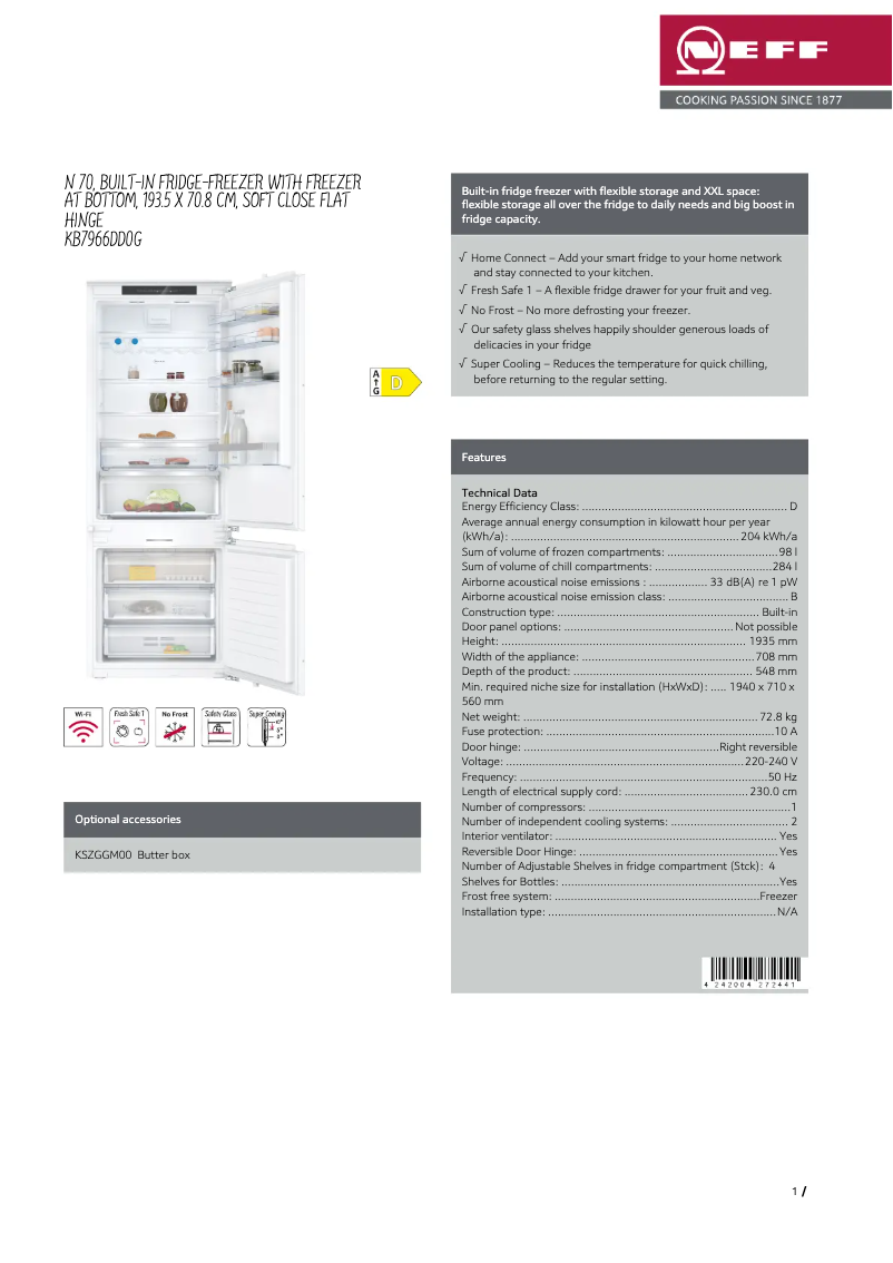 Page 1 de la notice Fiche technique Neff KB7966DD0G