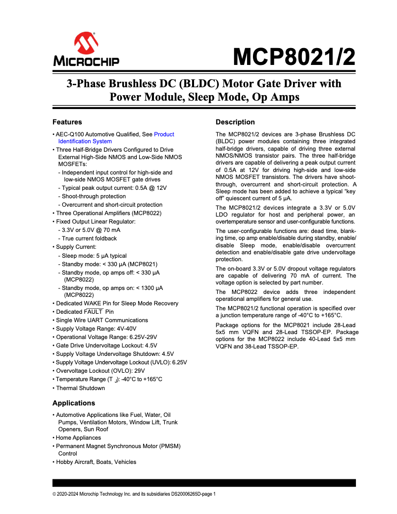 Page 1 de la notice Fiche technique Microchip MCP8022