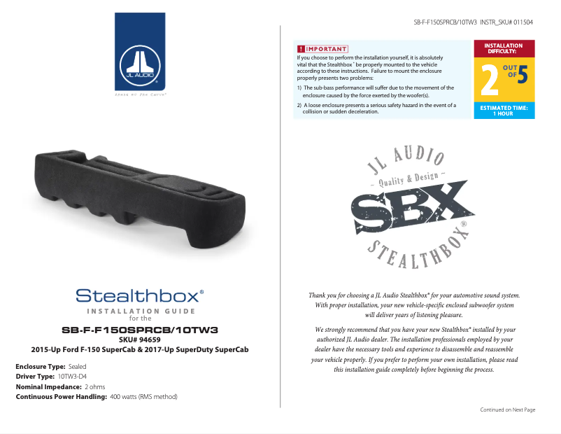 Page 1 de la notice Manuel utilisateur JL Audio Stealthbox SB-F-F150SPRCB/10TW3